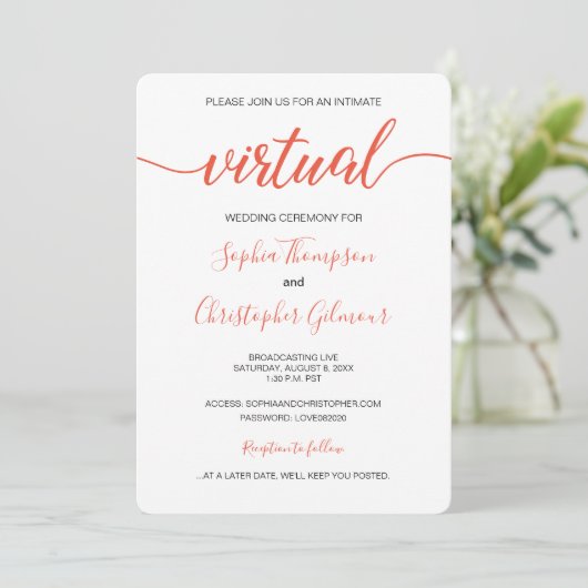 Coral Chic Simple Custom LIVE VIRTUAL Wedding Einladung (Stehend Vorderseite)