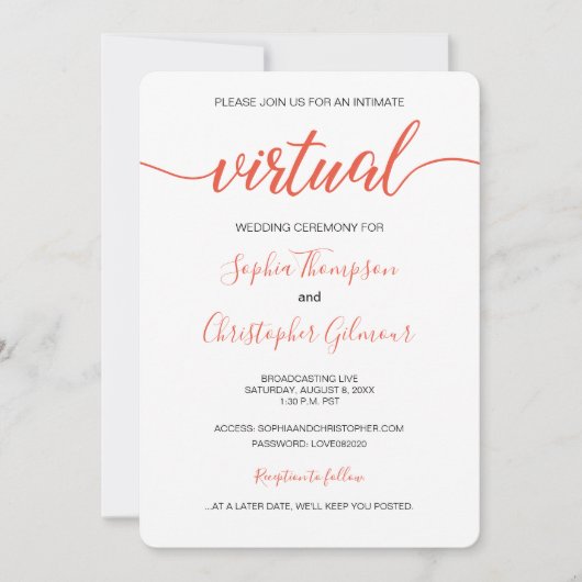 Coral Chic Simple Custom LIVE VIRTUAL Wedding Einladung (Vorderseite)