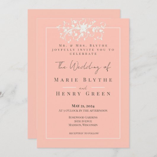 Coral & Cream Filigree Elegantes Hochzeitsempfang Einladung (Vorne/Hinten)