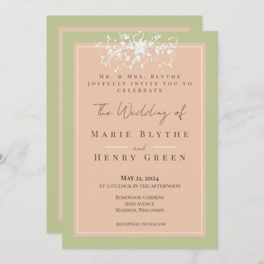 Coral & Cream Filigree Elegantes Hochzeitsempfang Einladung (Vorne/Hinten)