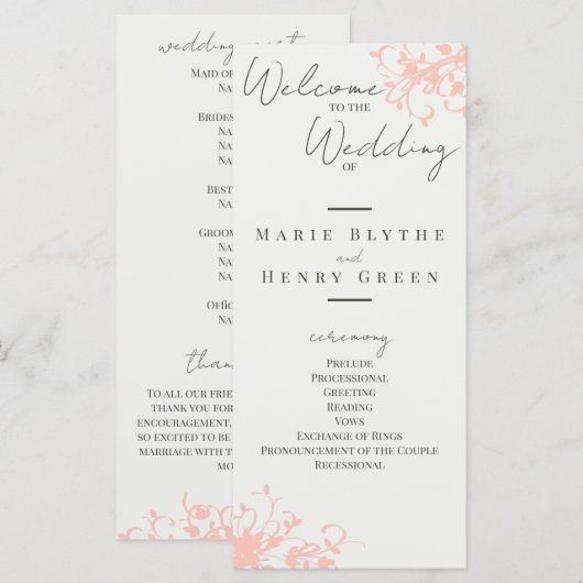 Coral & Cream Filigree Elegantes Hochzeitsprogramm (Vorne/Hinten)