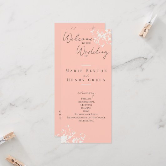 Coral & Cream Filigree Elegantes Hochzeitsprogramm (Vorderseite/Rückseite Beispiel)