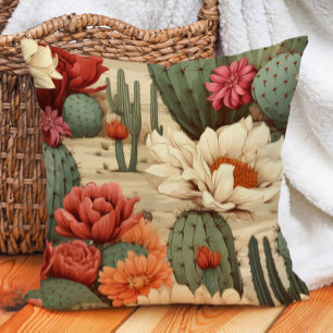 Coral Cream Red Floral Green Cactus Desert Garden Kissen