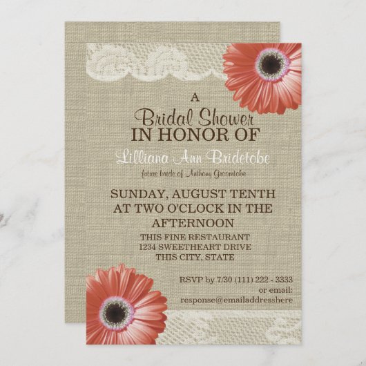 Coral Daisy and Lace Brautparty Einladung (Vorne/Hinten)