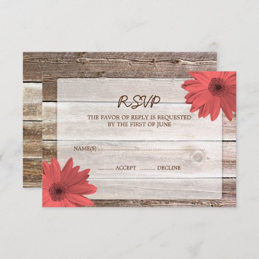 Coral Daisy Barn Wood Wedding RSVP Response Card (Vorne/Hinten)