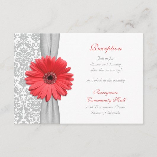 Coral Daisy Gray Damask Wedding Empfang Card Begleitkarte (Vorderseite)