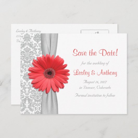 Coral Daisy Gray Damask Wedding Save the Date Ankündigungspostkarte (Vorne/Hinten)