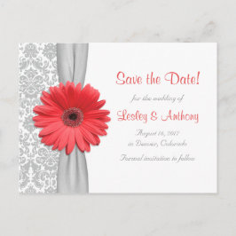 Coral Daisy Gray Damask Wedding Save the Date Ankündigungspostkarte