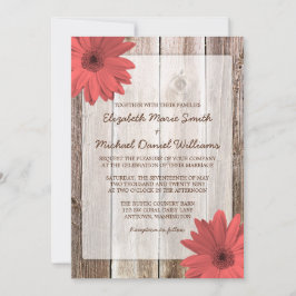 Coral Daisy Rustic Barn Wood Wedding Einladung