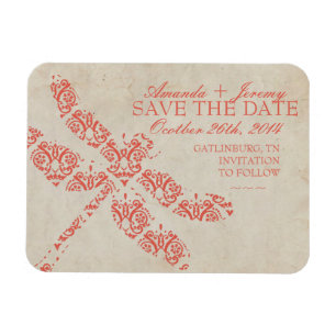 Coral Damask Dragonfly Hochzeit retten das Datum Magnet