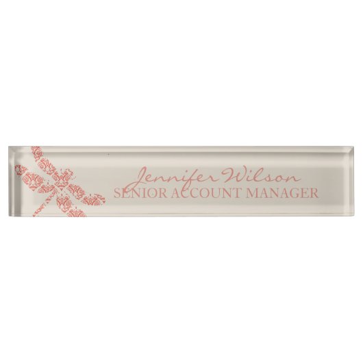Coral Damask Dragonfly Wedding Namensplakette (Vorderseite)