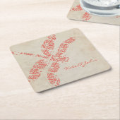 Coral Damask Dragonfly Wedding Rechteckiger Pappuntersetzer (angewinkelt)
