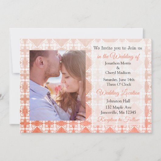 Coral Damask Foto Wedding Invites Einladung (Vorderseite)