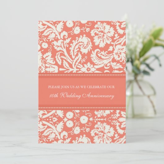 Coral Damask Party Einladung zum 10. Jubiläum (Stehend Vorderseite)