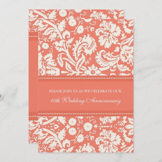 Coral Damask Party Einladung zum 10. Jubiläum (Vorne/Hinten)