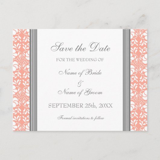 Coral Damask Save the Date Hochzeitskarten Ankündigungspostkarte (Vorderseite)