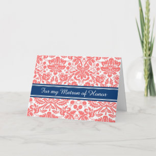 Coral Damask Thank You Matron of Honor Card Dankeskarte