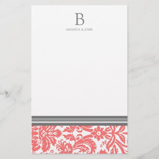 Coral Damask Wedding Monogram Stationery Briefpapier (Vorderseite)