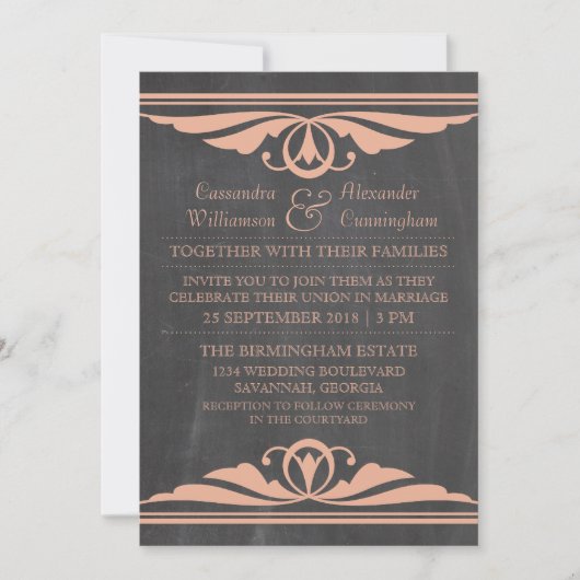 Coral Deko Chalkboard Wedding Einladung (Vorderseite)