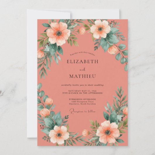 Coral Delicate Bloom Hochzeit Einladung (Vorderseite)