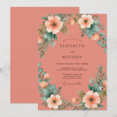 Coral Delicate Bloom Hochzeit Einladung (Vorne/Hinten)