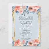 Coral Dusty Blue Gold Peony Probe Dinner Einladung (Vorderseite)