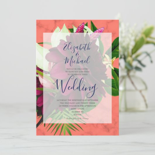 Coral Floral Burgundy Elegante Moderne Hochzeit Einladung (Stehend Vorderseite)