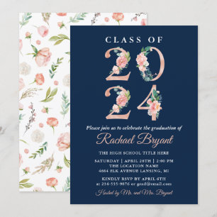 Coral Floral Class of 2024 Navy Blue Abschluss Einladung
