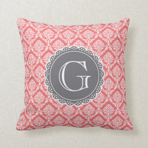 Coral Floral Damask Muster Grau Monogramm Kissen