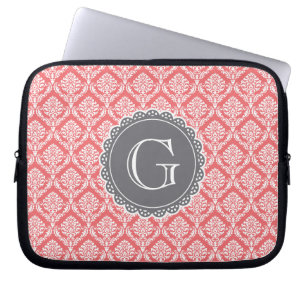 Coral Floral Damask Muster Grau Monogramm Laptopschutzhülle