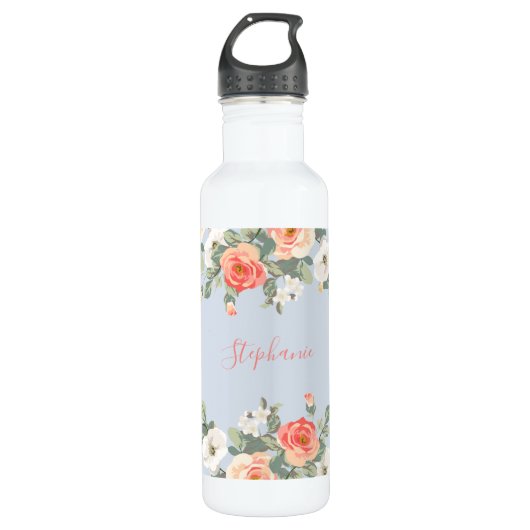 Coral Floral Dusty Blue Personalisiert Edelstahlflasche (Vorderseite)