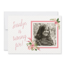 Coral Floral Foto Geburtstag Einladung - zweiseiti