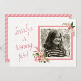 Coral Floral Foto Geburtstag Einladung - zweiseiti