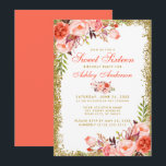 Coral Floral Gold Glitzer Sweet 16 Birthday Einlad Einladung<br><div class="desc">Coral Floral und Gold Glitzer 16 . Geburtstag Geburtstagsparty Einladungskarte - Korallenrückseite</div>
