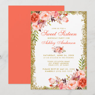 Coral Floral Gold Glitzer Sweet 16 Birthday Einlad Einladung
