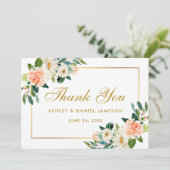 Coral Floral Gold Hochzeit Vielen Dank Dankeskarte (Stehend Vorderseite)