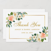 Coral Floral Gold Hochzeit Vielen Dank Dankeskarte (Vorne/Hinten)