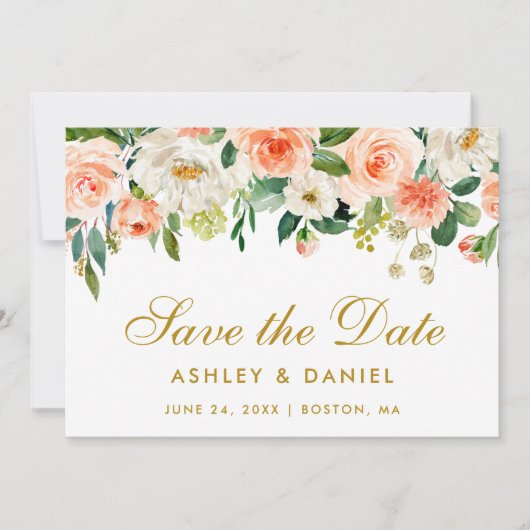 Coral Floral Gold Save the Date Card (Vorderseite)