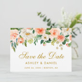 Coral Floral Gold Save the Date Card (Stehend Vorderseite)