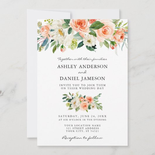 Coral Floral Greenerity Wedding W Einladung (Vorderseite)