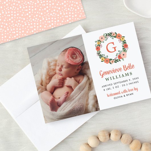 Coral Floral Initial Wreath Baby Girl Foto Birth Ankündigung
