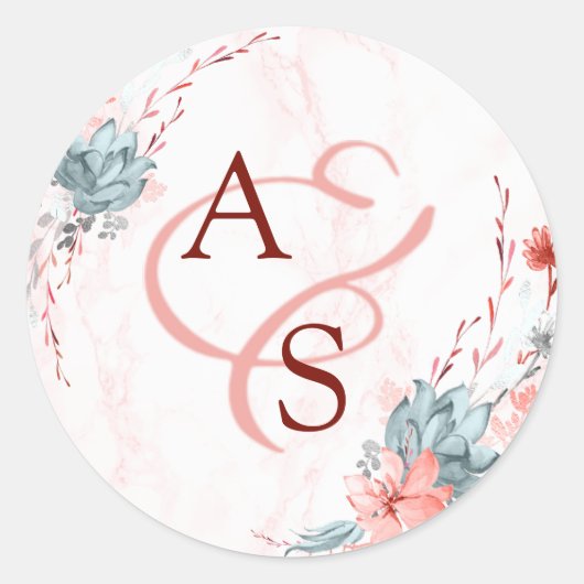 Coral Floral Marble Monogram Wedding Siegel Runder Aufkleber (Vorderseite)