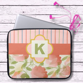 Coral Floral Monogram Laptop Sleeve