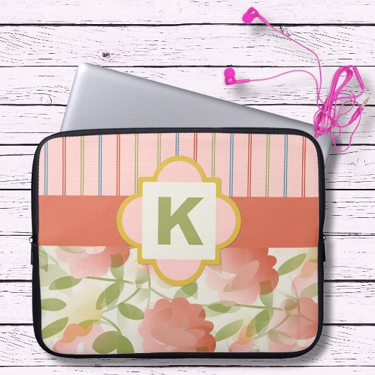 Coral Floral Monogram Laptop Sleeve