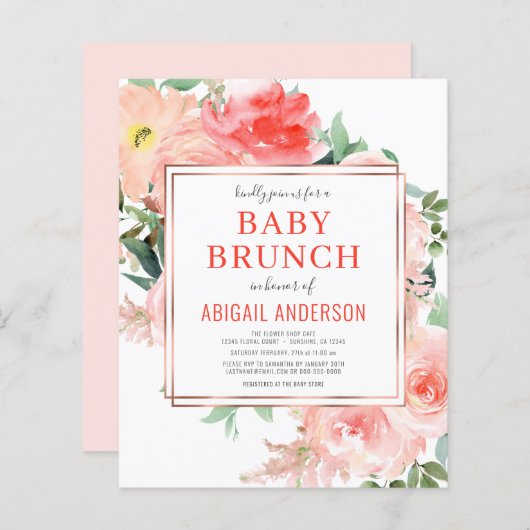 Coral Floral Peach Baby Brunch Einladung (Vorne/Hinten)