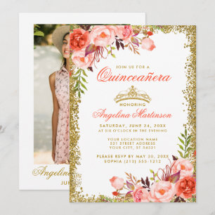 Coral Floral Quinceanera Gold Glitzer Foto Einladung