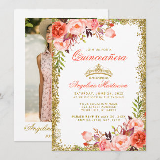 Coral Floral Quinceanera Gold Glitzer Foto Einladung
