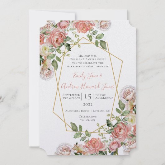 Coral Floral Rose Gold Geometrischer Rahmen Einladung (Vorderseite)