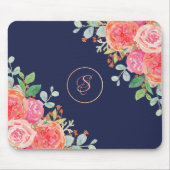 Coral Floral Rose Gold Glitzer Monogram Navy Mousepad (Vorne)