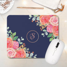 Coral Floral Rose Gold Glitzer Monogram Navy